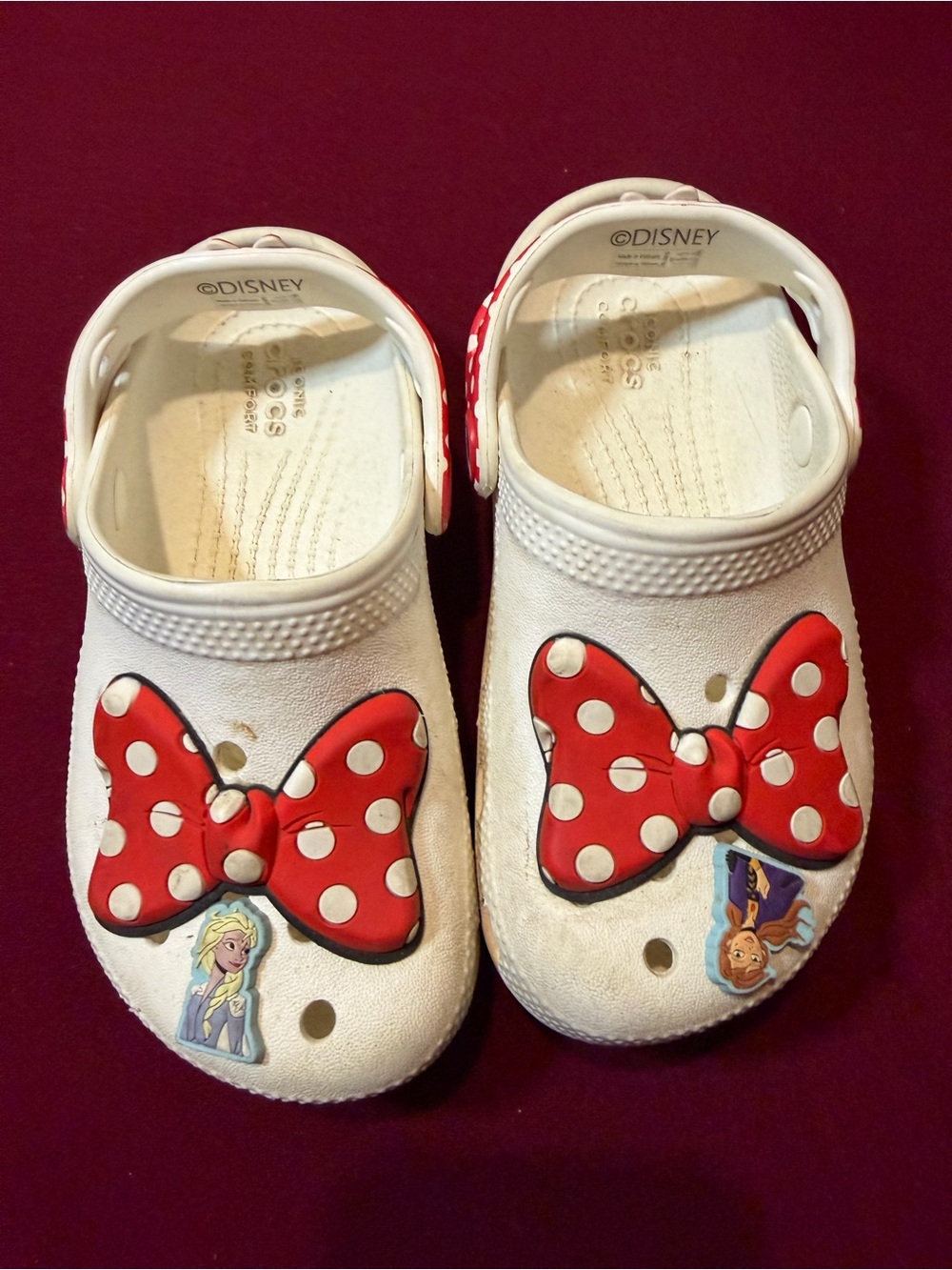 Disney White Kids Crocs with Red Polka Dot Bow Accents size 10